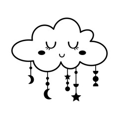 Black and white cloud clipart with cute face. Cartoon celestial character doodle. Vector illustration.