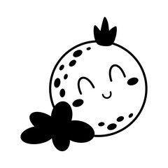 Kawaii full moon with crown and cloud, isolated black and white celestial doodle. Vector illustration