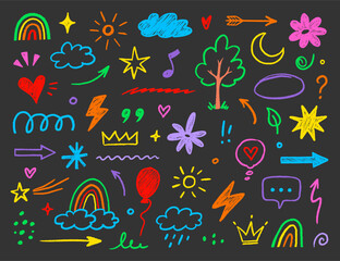 Hand drawn crayon child pencil style icon set. Cute rainbow, heart, crown, flower and sun in colorful kid doodle style. Chalk texture, cloud, smile, star and sketch figure for play or school design
