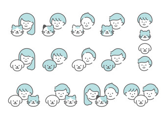 人と犬猫　アイコンセット　ブルー