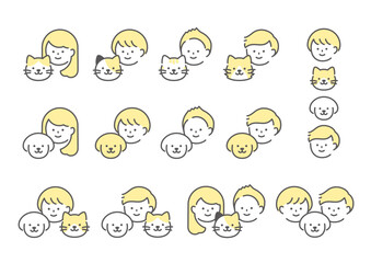 人と犬猫　アイコンセット　イエロー