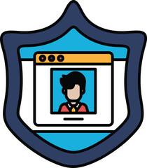 A man's face is shown on a blue shield