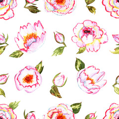 Watercolor floral pattern with pink and white peonies on a white background. Hand painted. Delicate design for fabric, wrapping paper or wallpaper. Watercolor illustration.