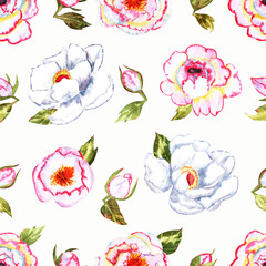 Watercolor floral pattern with pink and white peonies on a white background. Hand painted. Delicate design for fabric, wrapping paper or wallpaper. Watercolor illustration.