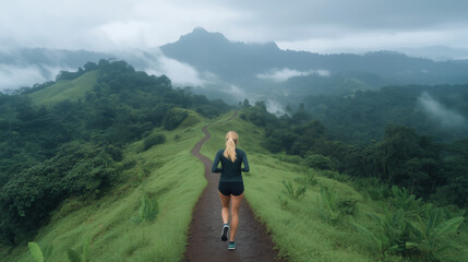 Fototapeta premium ai trail running through lush green hills under a cloudy sky in a mountainous area during early morning hours