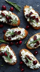 Bruschetta appetizers with cheese, rosemary, cranberries on dark surface