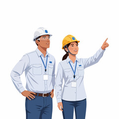 Two construction workers in safety gear, pointing, looking at something off-frame.