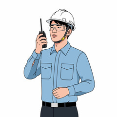 A cartoon illustration of a male engineer communicating via walkie-talkie.