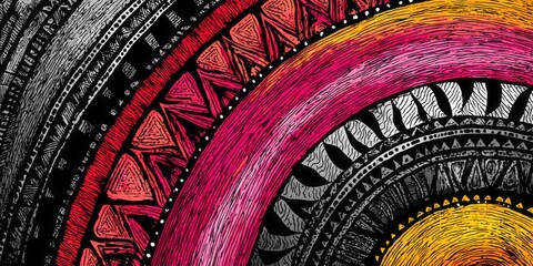 A vibrant, intricate design featuring concentric circles adorned with stylized tribal patterns in shades of red, orange, and gray, creating a captivating and decorative artwork.