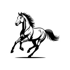 Black and white illustration of a running horse. Monochrome image of a horse. Design element for logo, sign, poster, emblem. Vector illustration