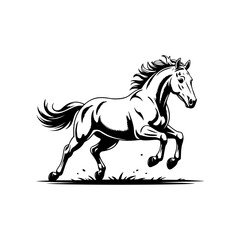 Black and white illustration of a running horse. Monochrome image of a horse. Design element for logo, sign, poster, emblem. Vector illustration