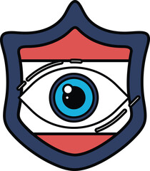 A blue and red shield with an eye on it