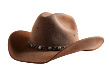 Brown cowboy hat, slightly worn,  profile view