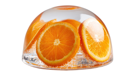 Orange slices in a clear dome, water droplets and bubbles