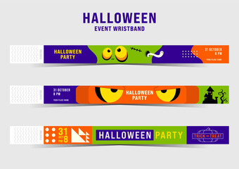 Set of halloween party event wristband design template. Three colorful bracelet with jack-o'-lantern pumpkin, monster, flat design style for admission control, vector illustration