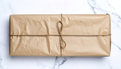 Rectangular package wrapped in brown paper, tied with string, rests on a white marble surface, viewed from above, soft shadows