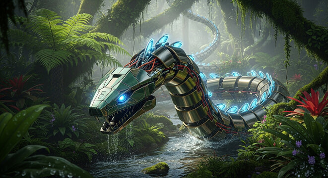 Futuristic robotic snake slithers through lush jungle stream with vibrant glowing details