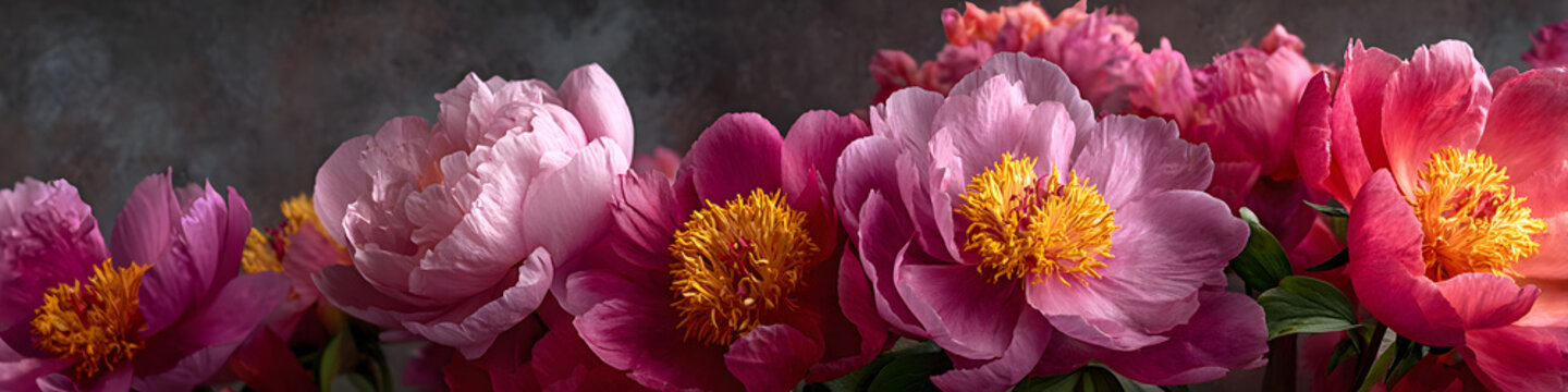 Beautiful spring background made of fresh blossomingpink peonies flowers. Luxuy floral backdrop or mock p with space for text. Modrn trend, springtime in ful bloom concept. Banner, wde format