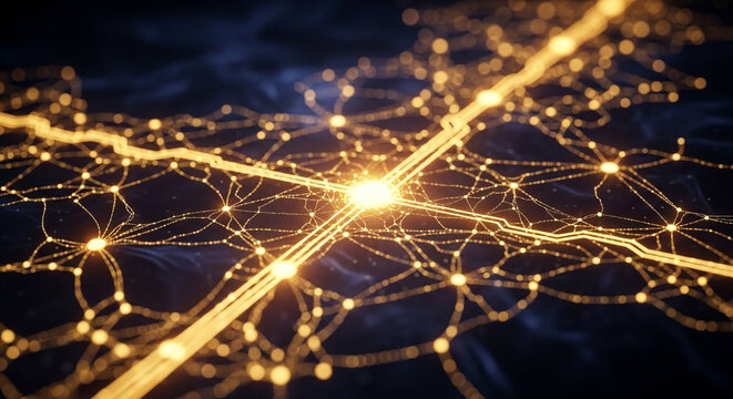 Dynamic glowing network of data connections representing digital communication and technology - Powered by Adobe