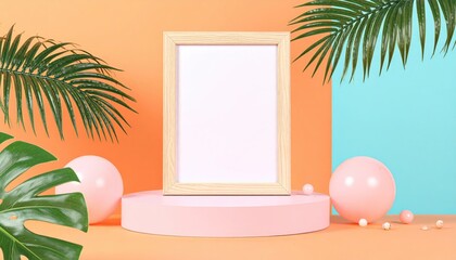 A bright, minimalist mockup featuring a blank wooden frame on a pink pedestal, surrounded by tropical leaves and spheres against an orange and turquoise background