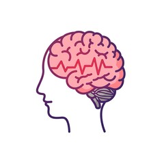 Illustration of a human head profile with a brain showing a red heartbeat line inside.