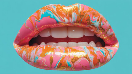 Fashion lips on blue background.