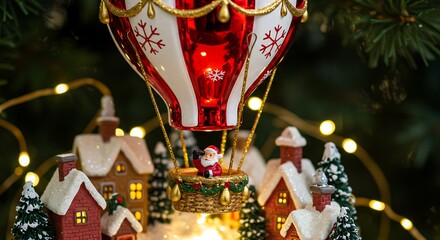Christmas hot air balloon ornament with santa claus and snowy village