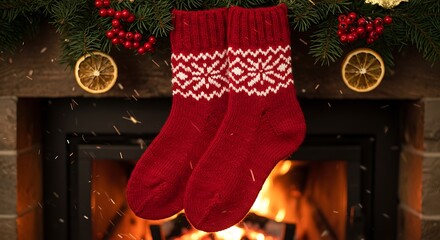 Cozy red knitted christmas socks with fair isle pattern hanging by a fireplace with a warm glow