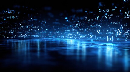 Mathematical Equations Illuminated in Blue Light Against a Dark Background Create an Abstract Representation of Numerical Concepts and Theories