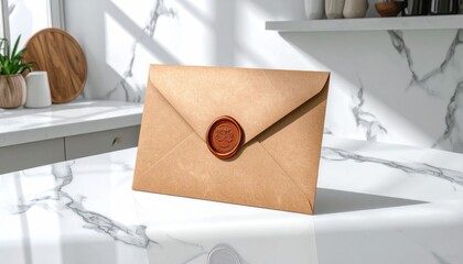 A sealed tan envelope sits on a marble countertop in a bright kitchen, with plants and kitchenware subtly blurred in the background