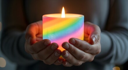 Holding a brightly colored rainbow candle with a warm glowing flame