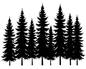 Obraz premium Silhouette of a dense forest with many pine trees, silhouette vector illustration
