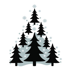 Elegant Christmas Greeting Card with Black Tree Silhouettes, Snowflakes, and Merry & Bright Text