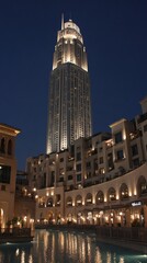 A towering skyscraper stands sentinel over a picturesque canal-side complex at night.