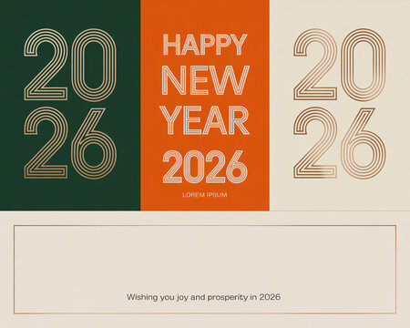 Stylish Happy New Year 2026 greeting card design in modern colors, perfect for holiday promotions