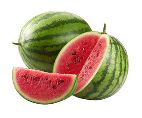 Two whole watermelons and slices, vibrant red inside, green rind,  isolated