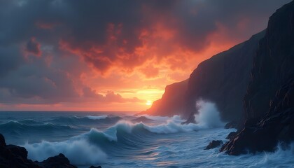 Dramatic coastal view of jagged cliffs meeting a turbulent ocean during a stormy sunset, with dark, ominous clouds overhead.