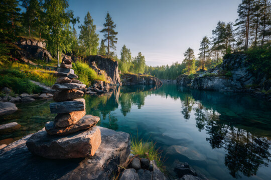 Stacked stones or obo against wonderful landscape ofquarry with turquoise wate in northern forest on sumer day. Beautiful scene, nture of russian north. Ruseala marble canyon, Kareli, Russia