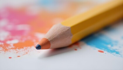 A close-up shot of a single, well-worn colored pencil with a sharpened tip, lying on a textured paper surface, surrounded by colorful shavings.