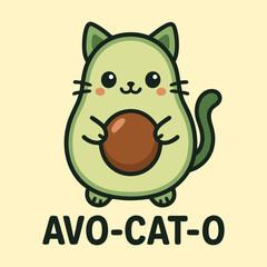 Cute Avo-cat-o Avocado Cat Cartoon Illustration for Stickers and T-Shirts