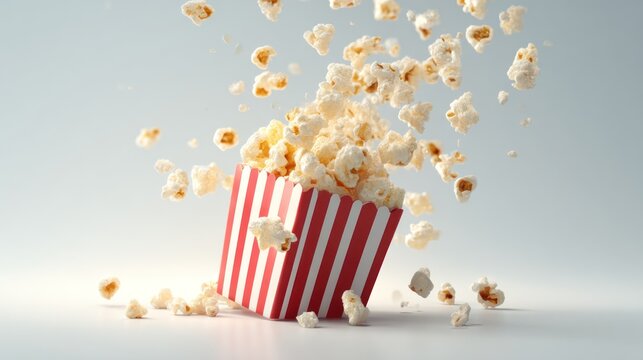 Popcorn bursting out of red and white striped paper box, flying in mid-air with crisp details, isolated on clean white background, dynamic motion, cinematic snack concept - Powered by Adobe