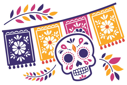 Day of the Dead Vector Illustration, Colorful Sugar Skull Calavera with Marigolds, Papel Picado and Candles - Powered by Adobe