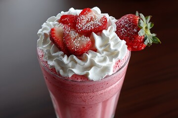 A rich strawberry smoothie, blended with fresh fruit and topped with a layer of whipped cream for extra indulgence.