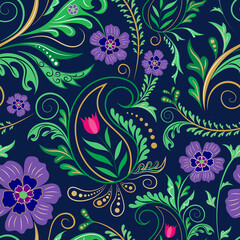 Raster illustration. 1970's inspired bohemian jewel toned pattern with paisleys, flowers and dramatic flourishes on deep blue background seamless repeat pattern. Best for fabric, home decor