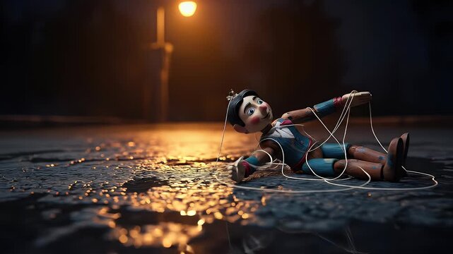 Wooden puppet lies motionless on wet street illuminated by warm low street light showcasing detailed texture and a cinematic nighttime scene