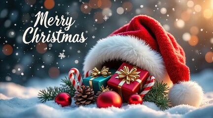 Merry christmas santa hat filled with gifts, candy cane and pine cone in snow