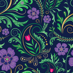 Vector illustration. 1970's inspired bohemian jewel toned pattern with paisleys, flowers and dramatic flourishes on deep blue background seamless repeat pattern. Best for fabric, home decor