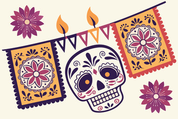 Día de los Muertos Vector Illustration - Vibrant Sugar Skull with Floral Patterns