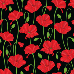 Raster illustration. Red poppy flowers on black background seamless repeat pattern. Best for wallpaper and home decor.