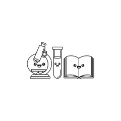 Cute kawaii microscope test tube and book with smiling happy faces line art Vector illustration